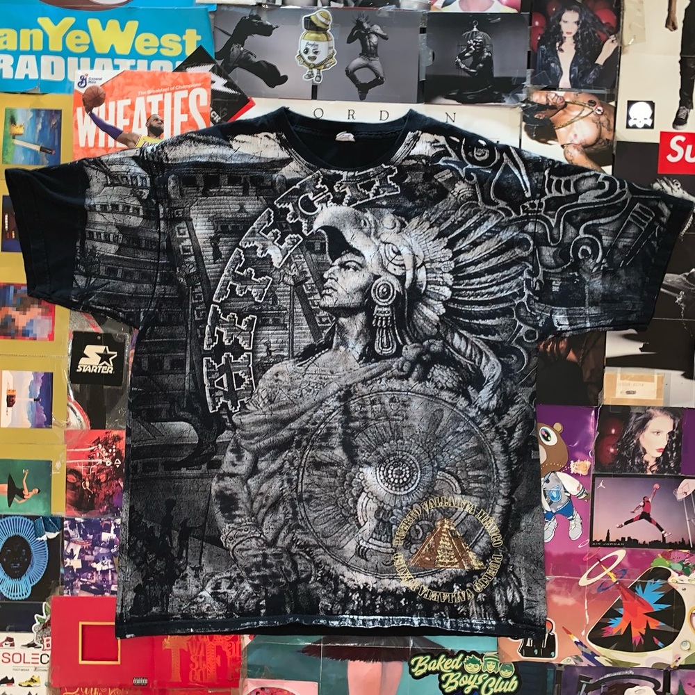 Vintage Y2K Aztec Warrior AOP black graphic tee